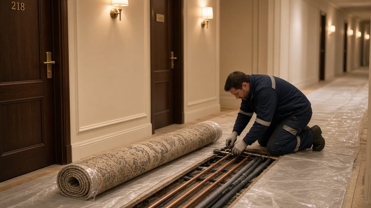 Engineer protecting corridor pipework beneath a lifted hotel carpet