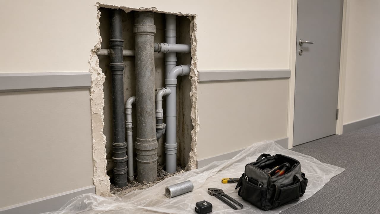 Access opening formed into a hotel service riser for drainage repairs